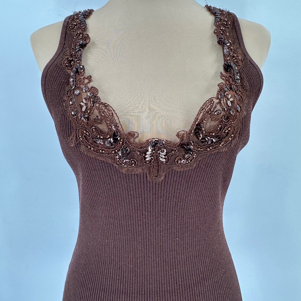Cache Brown Ribbed Lace Sequin Beaded Sleeveless Tank Top Large 20227 - Picture 3 of 15